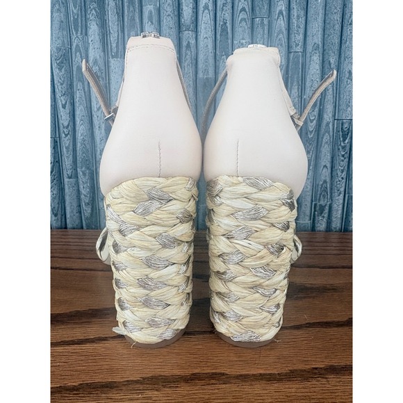 Sam Edelman Woven Raffia Block Heel Sandals Beige Metallic Silver Ankle Strap 7 - Picture 4 of 6